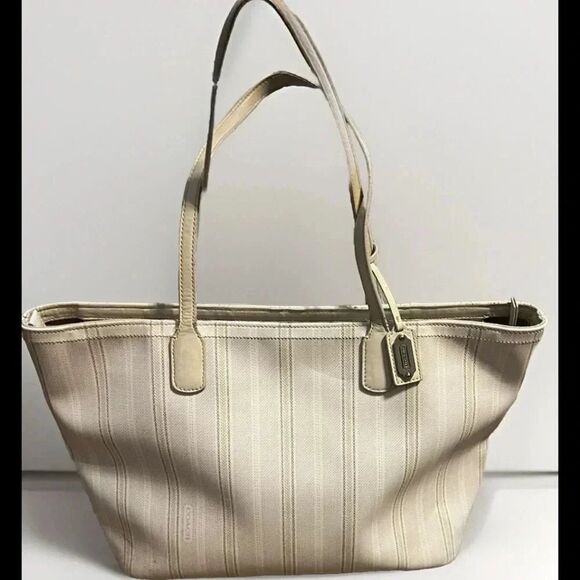 Coach Legacy Tote Bag 23108 Off-White Stripe Coated Canvas Leather - Picture 2 of 11